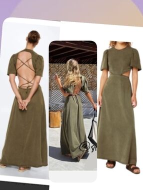 Mango Olive Green Cutout Maxi Dress with Lace-Up Back 100% Tencel
